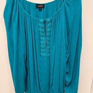 Teal Boho Peasant Blouse with Floral Detail